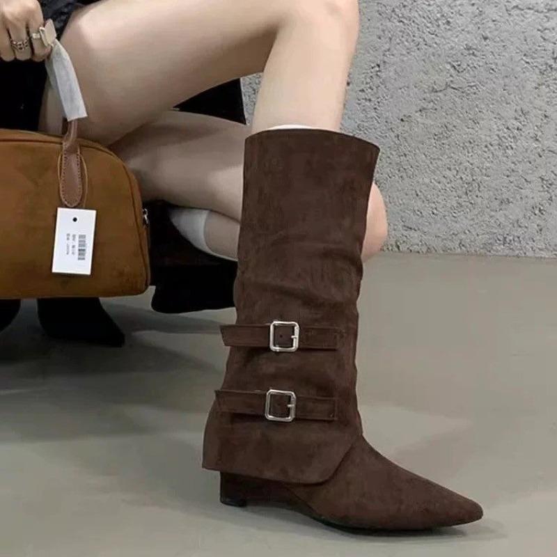 New Style Luxury Boots Vintage Pointed Toe Block Heel Plus Size Metal Belt Buckle Skinny Thigh Boots Scrub Leather Tall Boots
