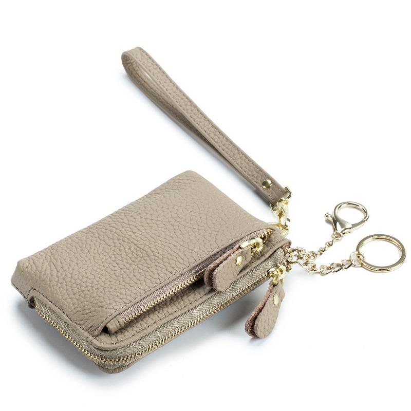 Dame PU Læder Dobbelt Lynlås Møntpung Håndledsrem Pung Stor Kapacitet Kortindehaver Nøglepung Lille Clutch Taske med Nøgleringsrem