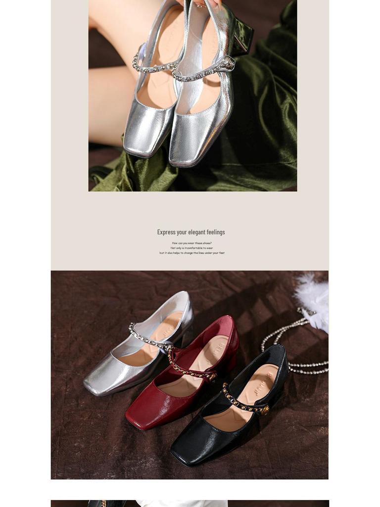 BEIJIANI Damen Silberne Klobige Absatz Mary Jane Schuhe - Weiches Leder, Vielseitiges Design, Eckige Zehenpartie