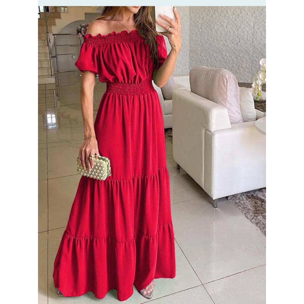 LYRIA Solid Boho Dress Women Fashion Elegant Beach Party Dress Casual Slash Neck Office Maxi Dresses For Woman Robe Femme