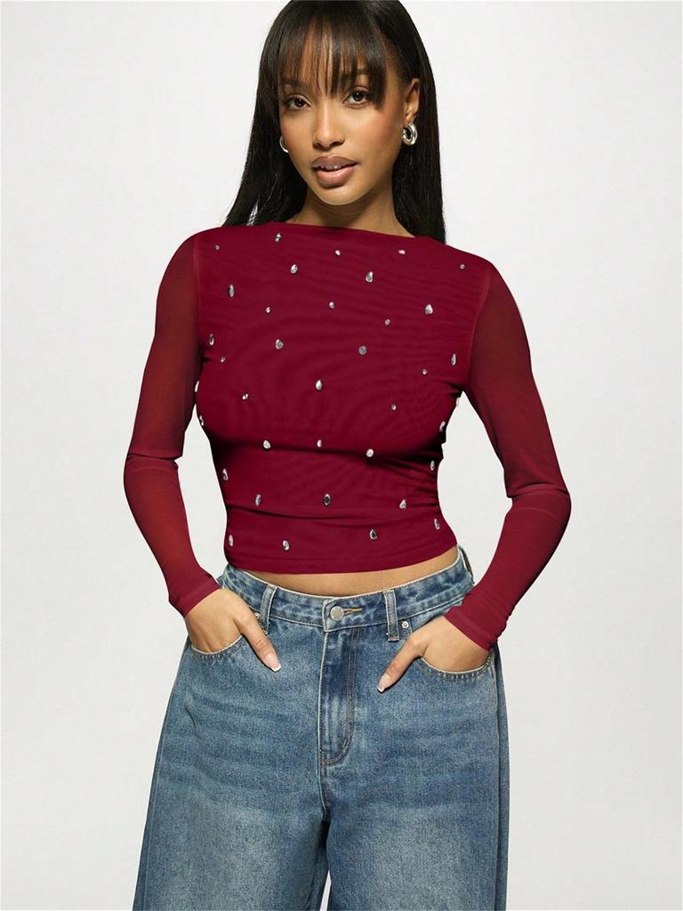 Women's Summer Casual Semi-Sheer Printed Slim-Fit Long-Sleeve T-Shirt