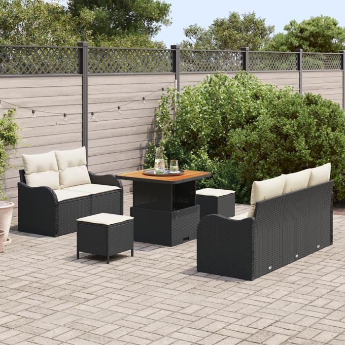 Ensemble de Canapés de Jardin 8 Pièces avec Coussins Noir en Poly Rattan Acacia, Canapé de Jardin 2 Places avec Rangement &amp; 3364155