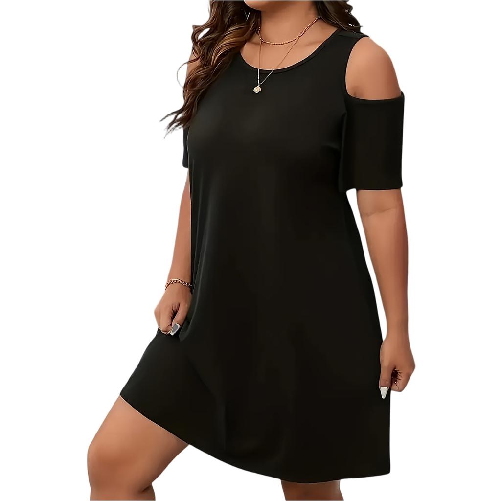 Casual, losvallende jurk met ronde hals, korte mouwen en blote schouders voor dames in grote maten