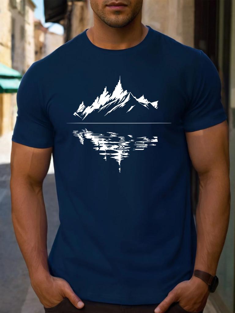 Men's Summer 100% Pure Cotton Fashionable Casual Loose Fit Plus Mountain Reflection Printed Round Neck Short Sleeved T-shirt Top