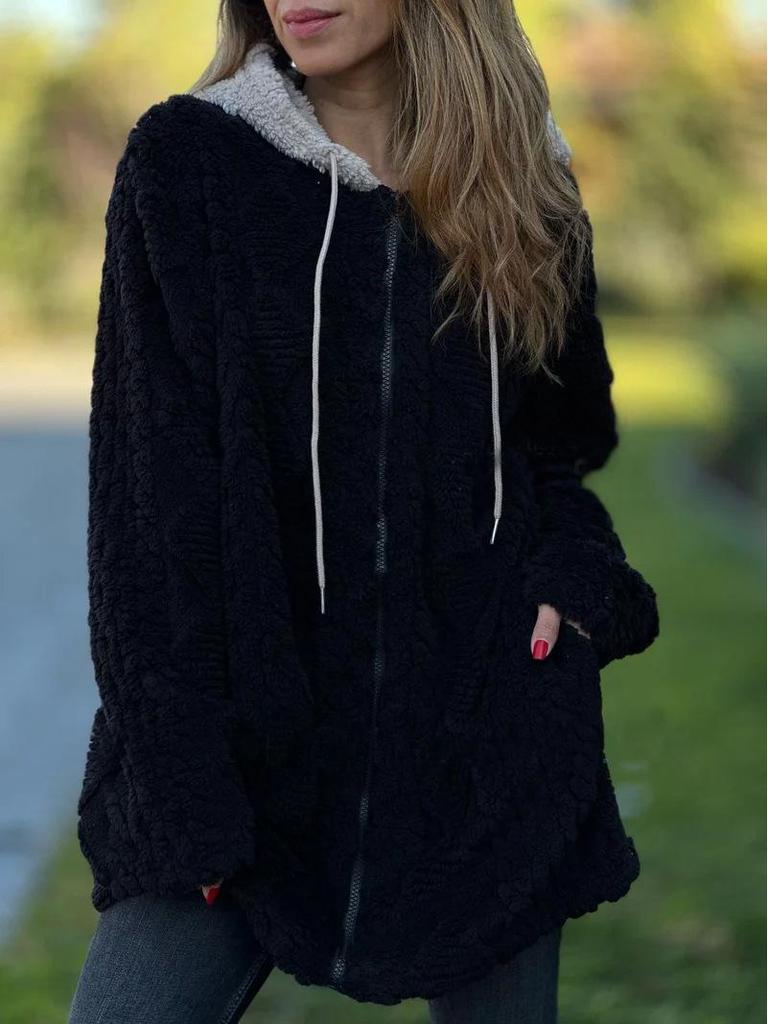 Women's Hooded Fuzzy Zipper Jacket - Solid Color, Long Sleeve, Autumn/Winter Collection 2025