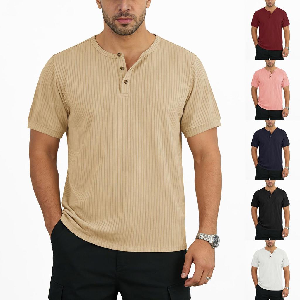 Men's Summer Short Sleeve Henley Shirt Ribbed Texture Button Front Casual Breathable Lightweight T-Shirt