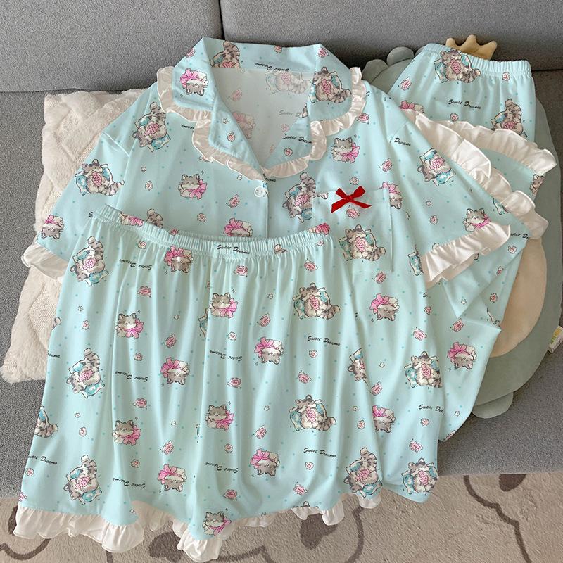 Cute Cat Style Cartoon Pajamas Imitation Cotton Edge Women's Loungewear Short-sleeved Three-piece Set