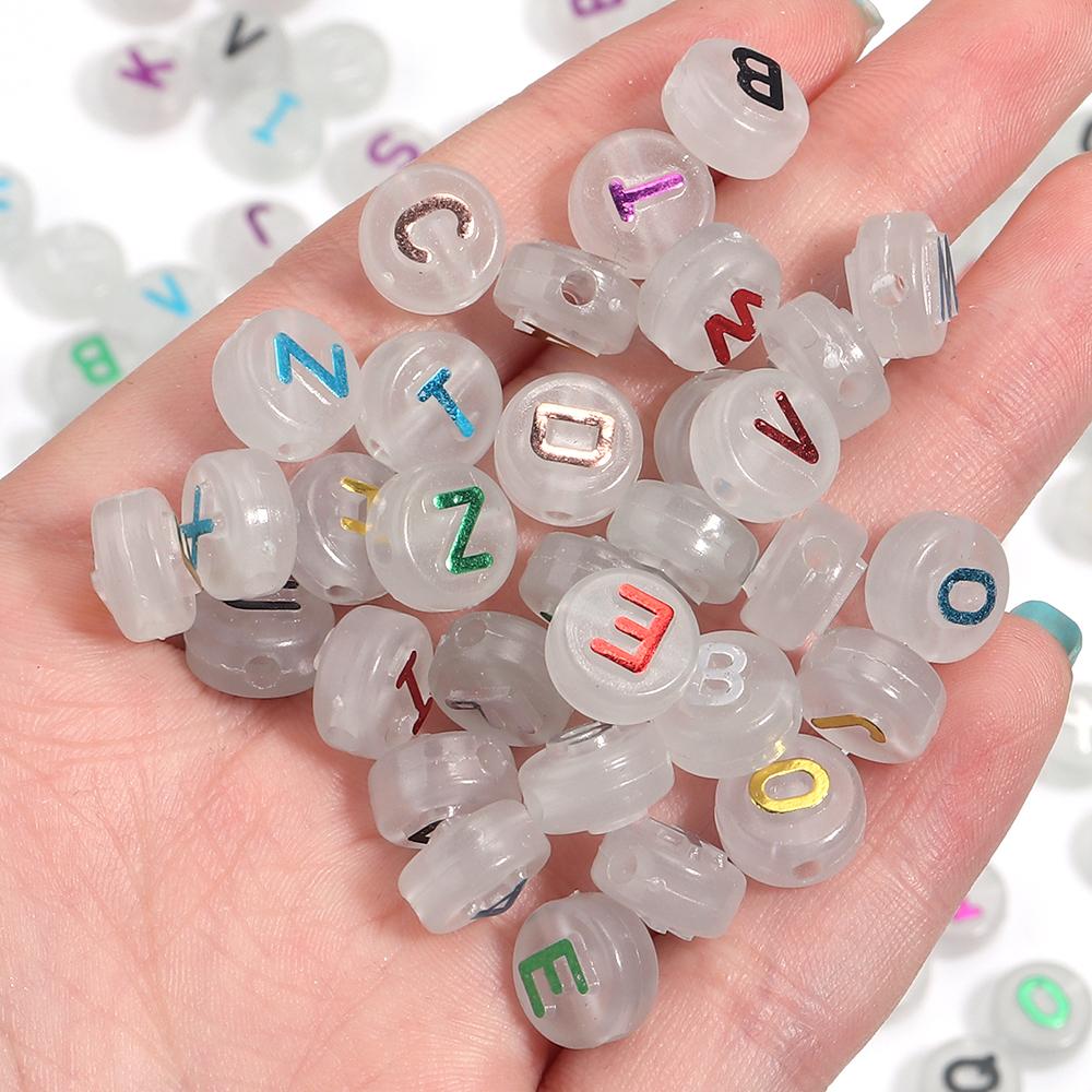 100pcs 10mm Acrylic Luminous Letter Beads Christmas Flat Round Loose Alphabet Beads For Jewelry Making DIY Bracelets Accessories