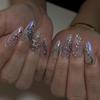 3D Silver Butterfly Short Almond Fake Nails - Purple Gradient