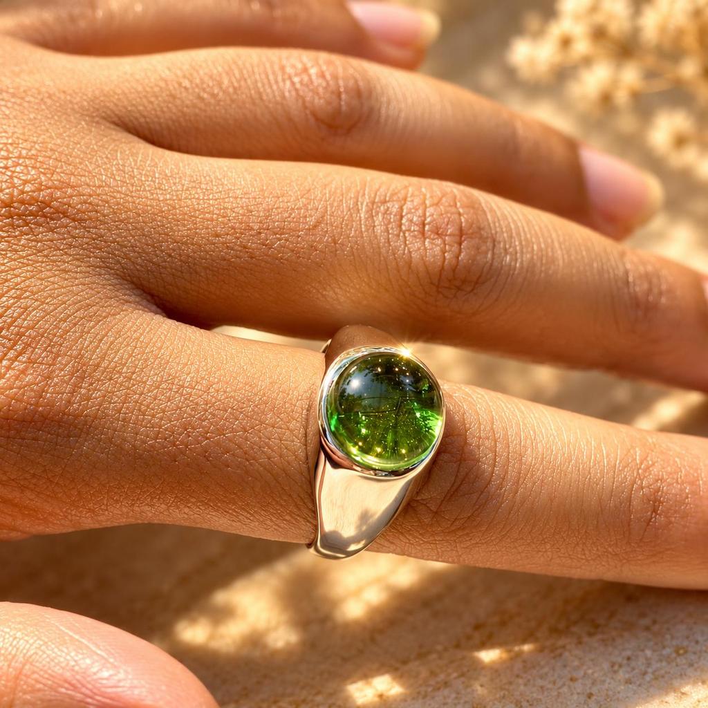 Peridot Round Signet Ring, 925 Sterling Silver, Boho Gemstone Ring, Handmade Men Women Ring
