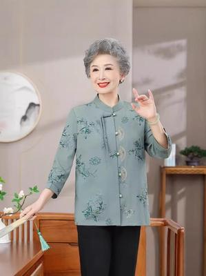 Mom's Spring & Autumn 2026 Chiffon Seven-Sleeve Shirt - New Chinese Style for Middle-Aged & Elderly Women
