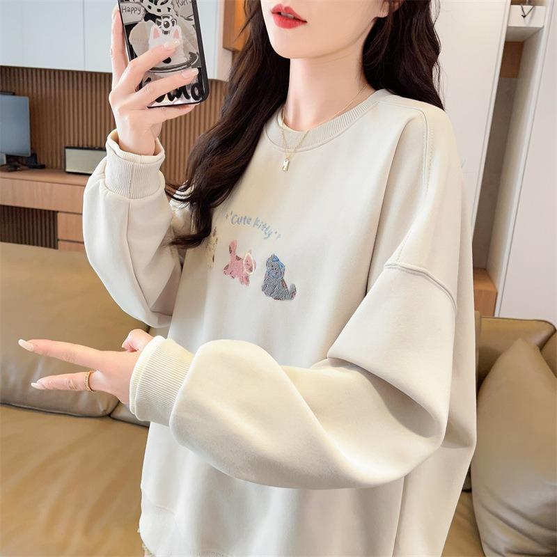 Large Size Embroidered Hooded Sweatshirt for Women - New Style, Loose Fit, Slimming Design, Fashionable Coat and Top.