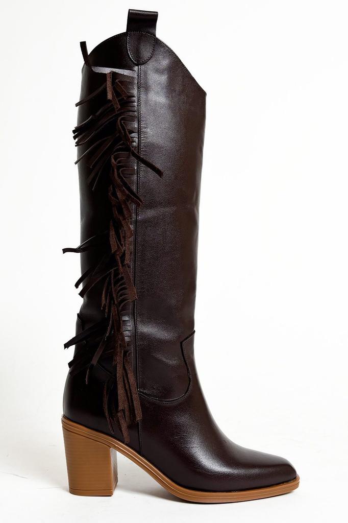 Women Modern Stylish Fashion Boots Genuine Leather Brown Genuine Leather Thick Heel Tassel Western Cowboy Boots