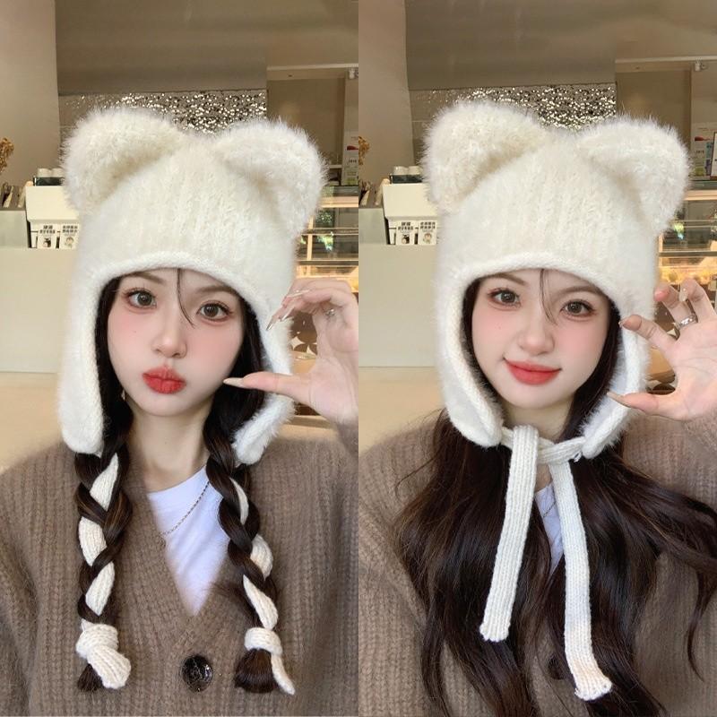 Style Knit Hat For Women With Plush Bear Ears Warm Winter Beanie For Casual Fashion