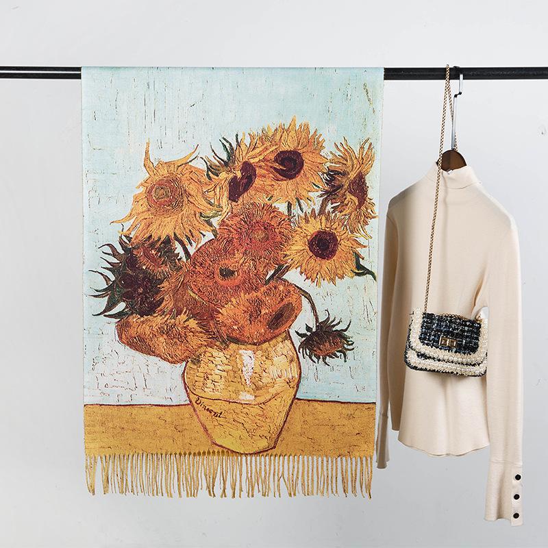 

2019 winter new oil painting vase with cashmere shoulder scarf women s flower fringed warm extended shawl
