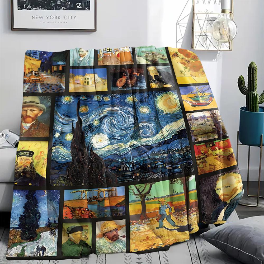 1Pc Van Gogh Painting Print Flannel Blanket, High Quality Comfortable for All Seasons, Home Decor, Warmth and Comfort, Perfect for Christmas Gifts