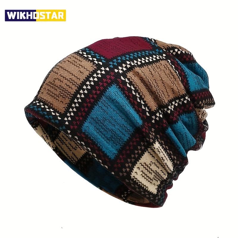 Autumn & Winter Vintage Printed Beanie - Classic Color Block Elastic Slouchy Skull Cap Boho Neck Gaiter Windproof for Women Men