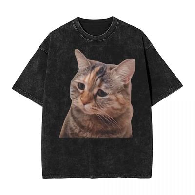 Sad Cat Meowing Washed T Shirts Streetwear Vintage T-Shirt Two Cats Talking Meme Tees Tops for Men Women 100% Cotton Graphic