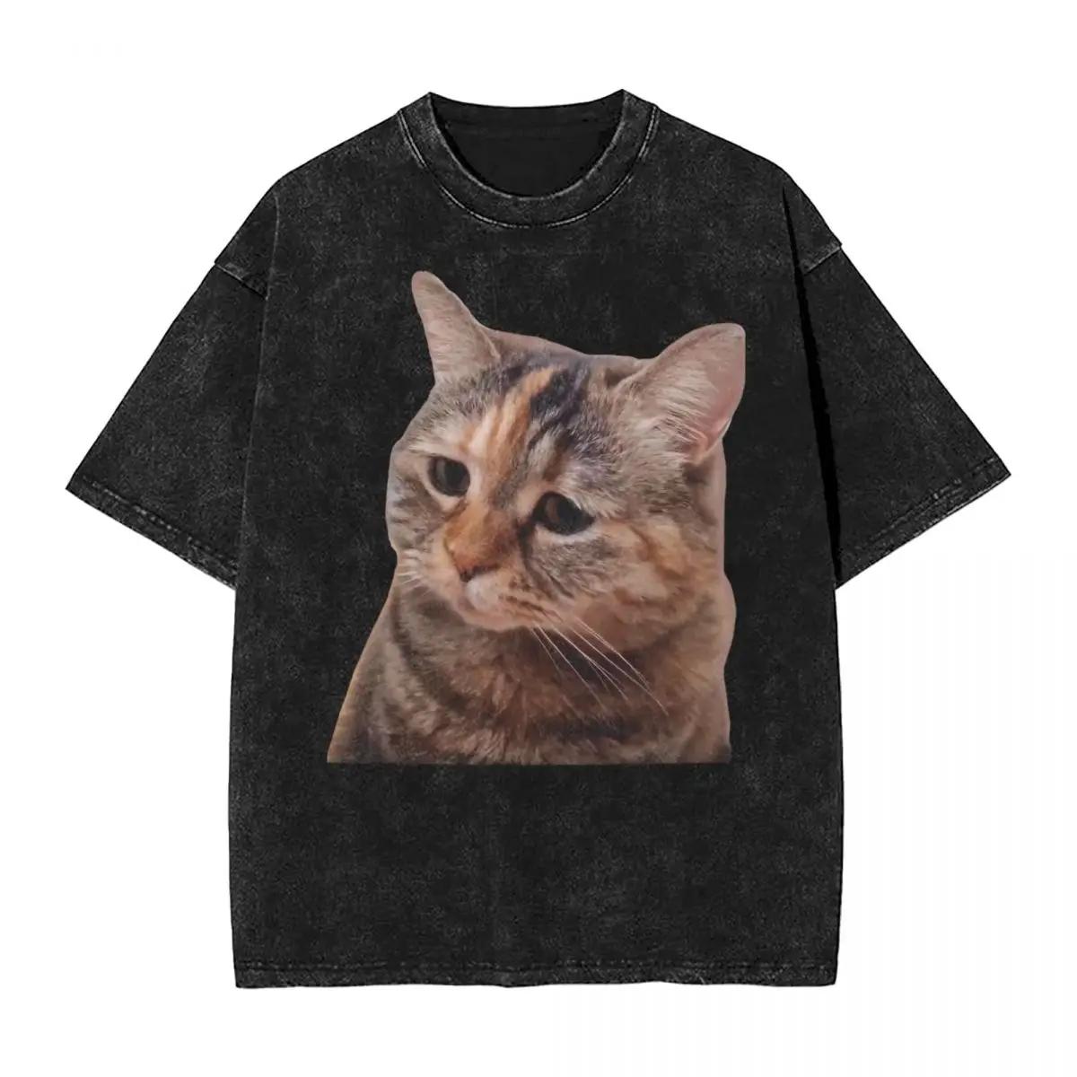 Sad Cat Meowing Washed T Shirts Streetwear Vintage T-Shirt Two Cats Talking Meme Tees Tops for Men Women 100% Cotton Graphic S