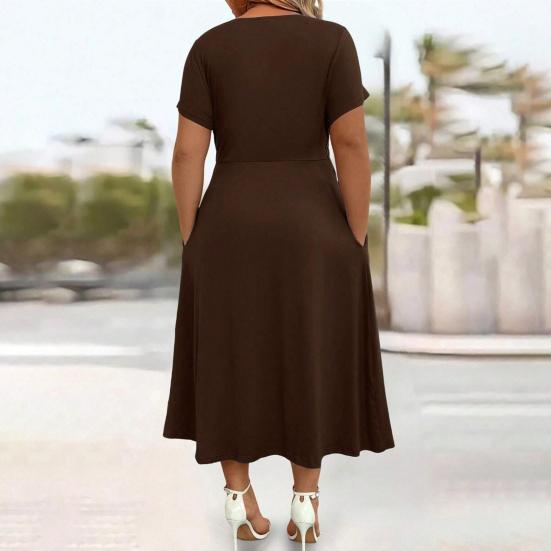 Robe Mi-longue Décontractée d'Été pour Femme Robe évasée à manches courtes et col en V avec torsade sur le devant Robe longue fluide ligne A pour vacances à la plage