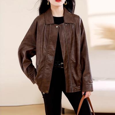 Veste en cuir café pour femme printemps et automne nouveau petit sens du design cool sa veste de moto ample