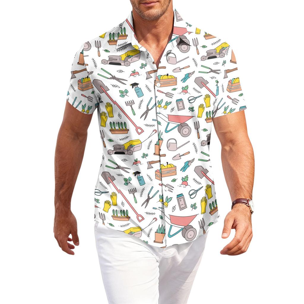 Men's Casual Loose Fit Short Sleeve Shirt Hawaiian Style Button Down Tropical Leaf Print Summer Beachwear Shirt