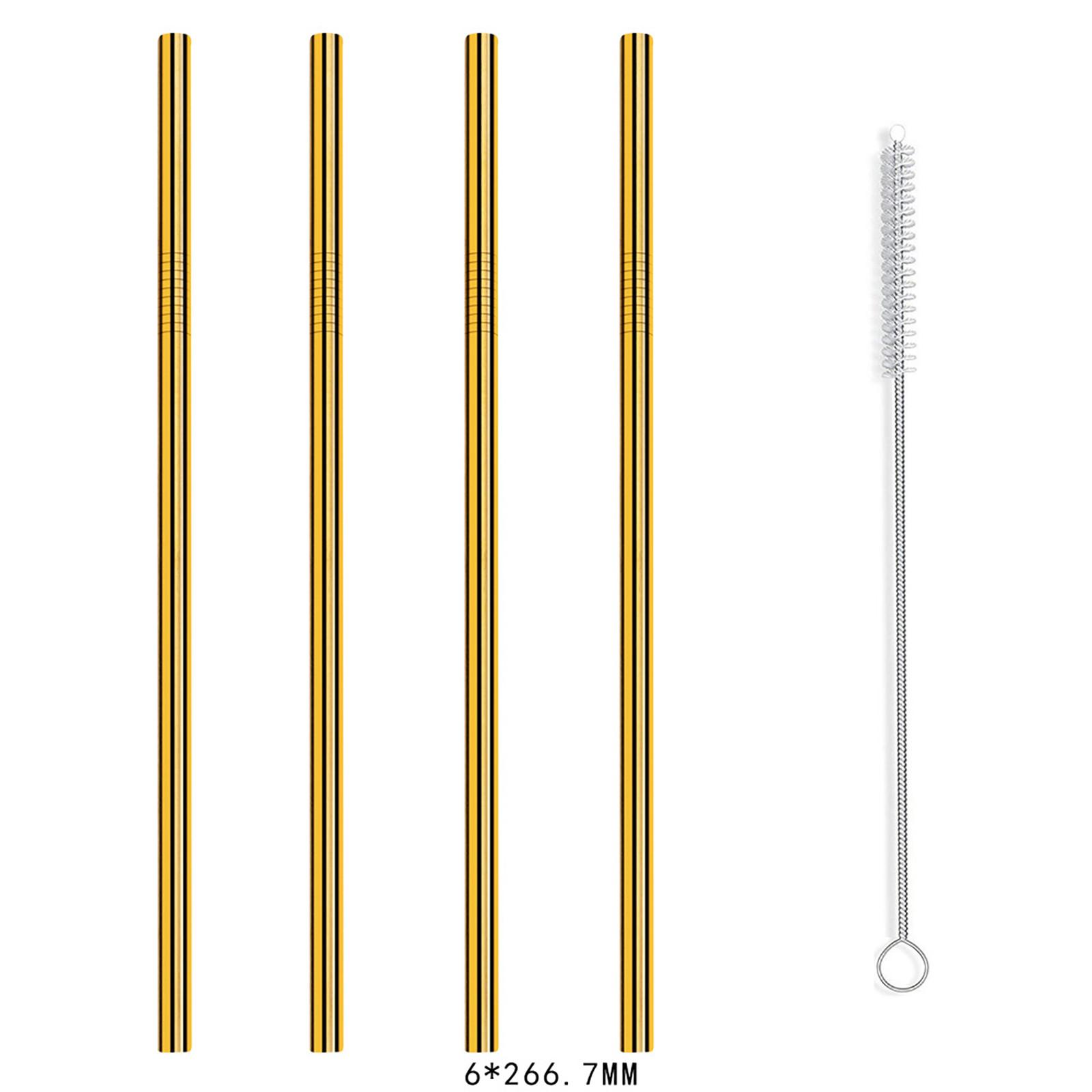

4 Straight Reusable Drinking Straws Metal Stainless Steel Eco-Friendly 10.5in, With 1 Cleaning Brush золотой
