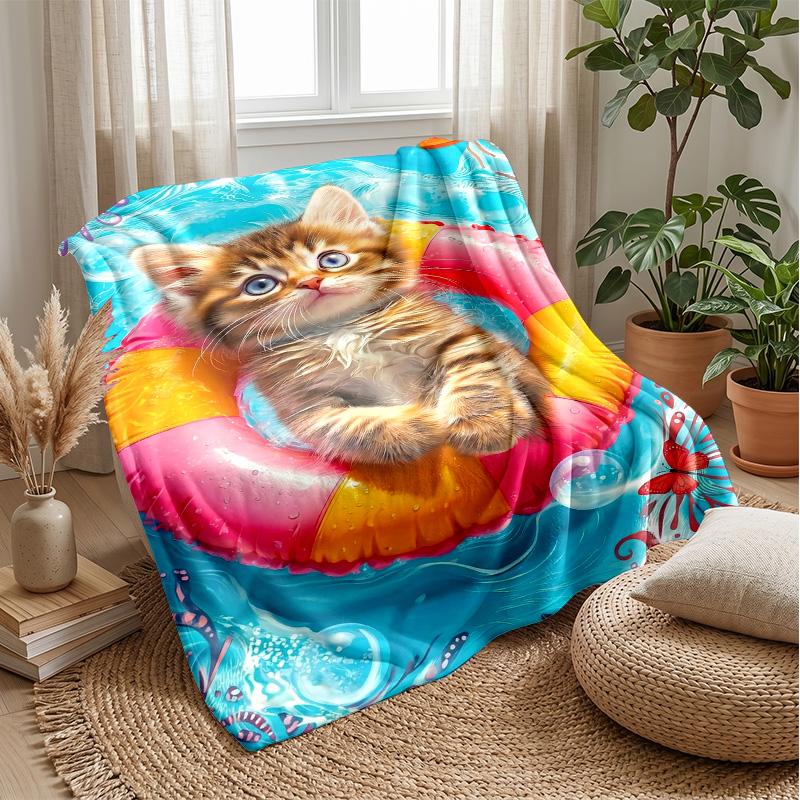 Kitten and Rubber Duck In Waves Theme Blanket Lightweight Warm Flannel Blanket Decorative Throw Blanket for Home Decoration