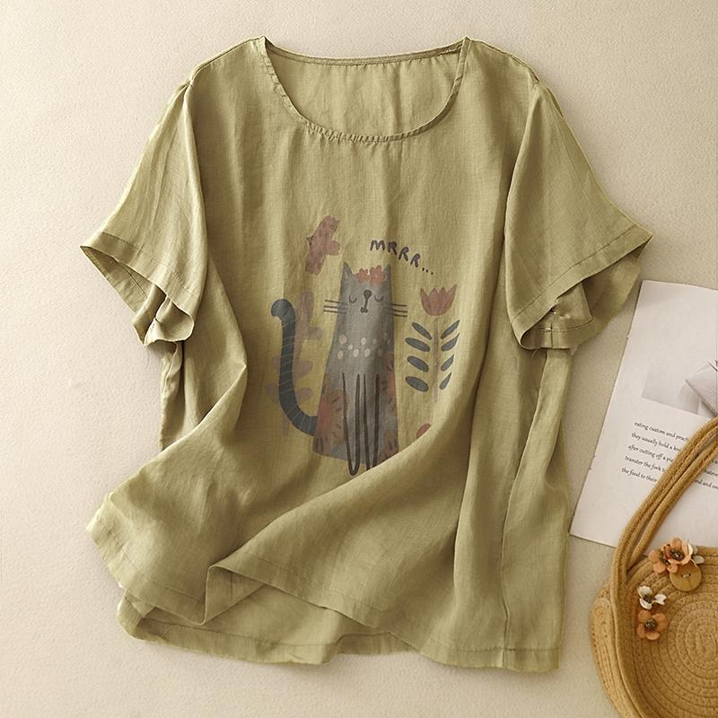 Dimanaf 2025 Women Summer Plus Size Loose T-Shirt Vintage Printing Linen Basic Tops Tees Maxi