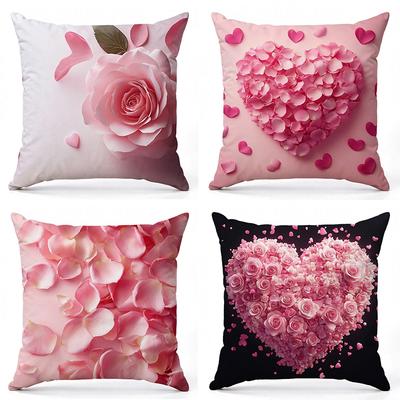 Housses de coussin imprimées pétales de rose rose et de cœur Housse d'oreiller carrée en polyester, coussin décoratif moderne pour canapé