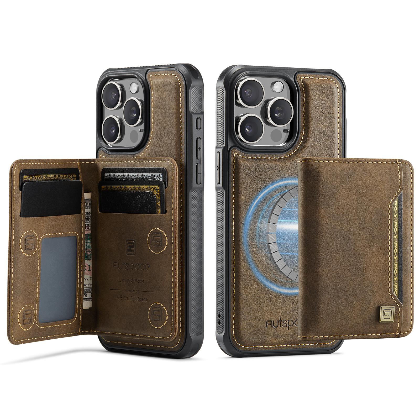 

For iPhone 13 Pro Max 6.7 inch Case AUTSPACE A13 Vintage Leather Back Cover with Magnetic Detachable Card Bag Coffee