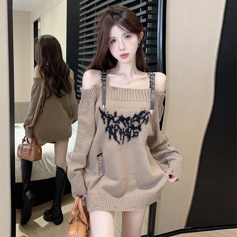 Retro Hot Girl Belt Button Hole Lazy Loose Knitted Sweater for Women