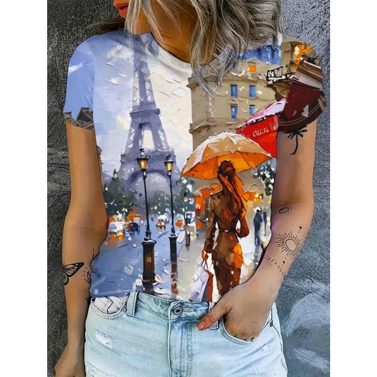 

Fashion Women Colorful Print T Shirt Funny Casual O-neck Short Sleeves T-shirt Summer Female Tee Shirt XS синий