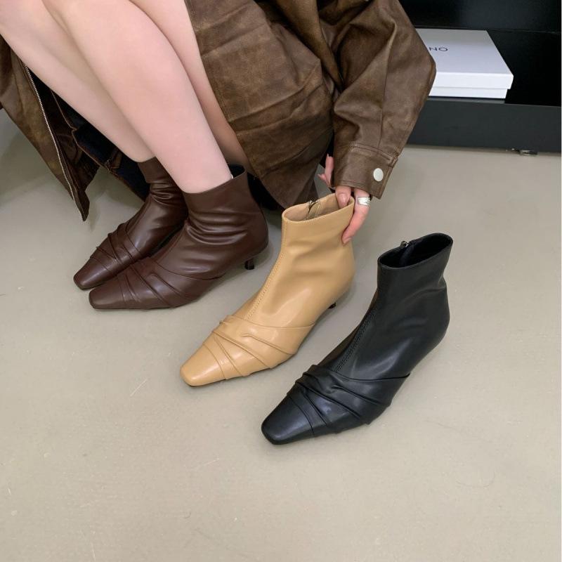 Retro Pleated Thin Boots Women's 2025 New Side Zipper Versatile High-heeled Boots Fashionable Temperament Short Boots