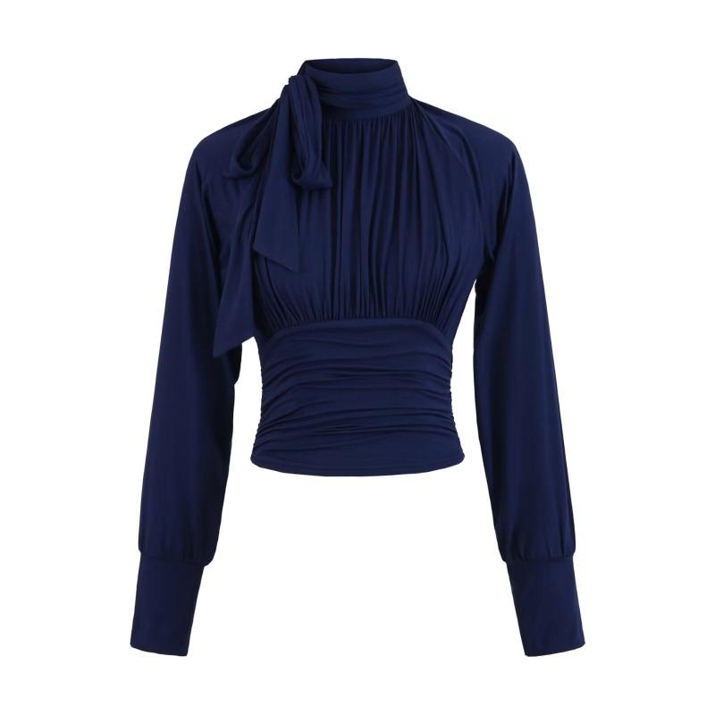 Women's High Neck Bow Tie Blouse Ruched Waist Long Sleeve Slim Solid Color Casual Tops