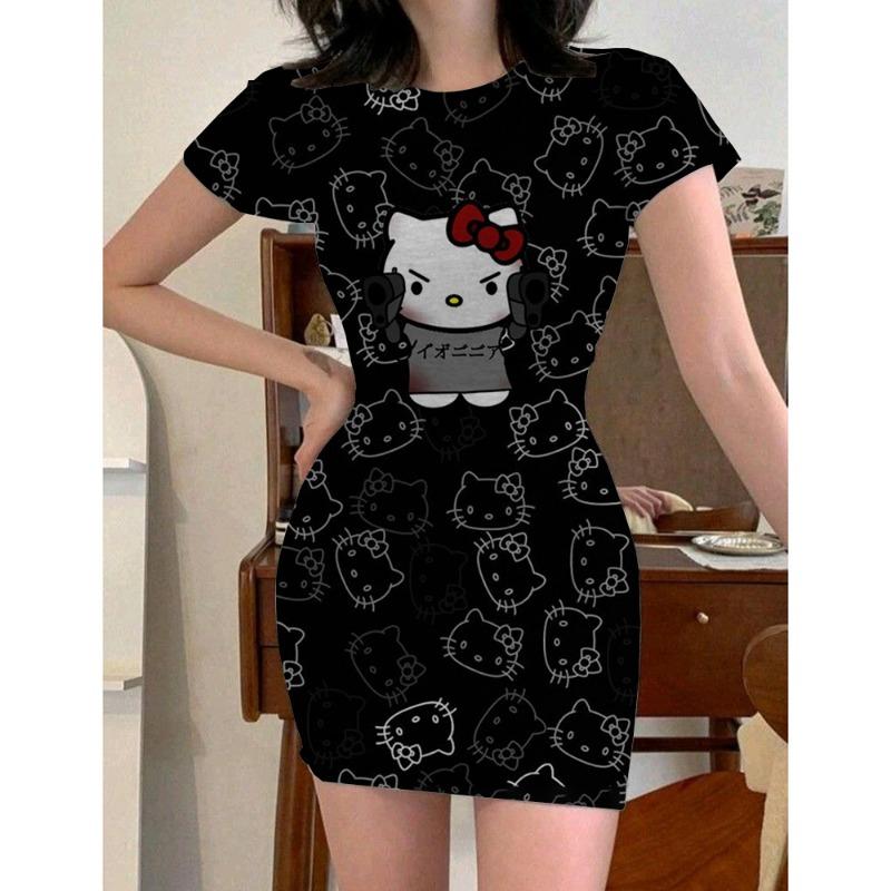 Y2k Fashion Women's 2024 Summer Sexy Tight Mini Dress Party Hello Kitty Printed Loose Short Dress