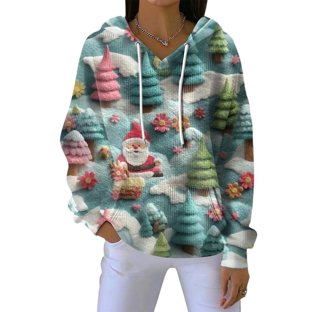 Women's Loose Comfortable Casual Fashion V-Neck Christmas Print Long Sleeve Hoodie