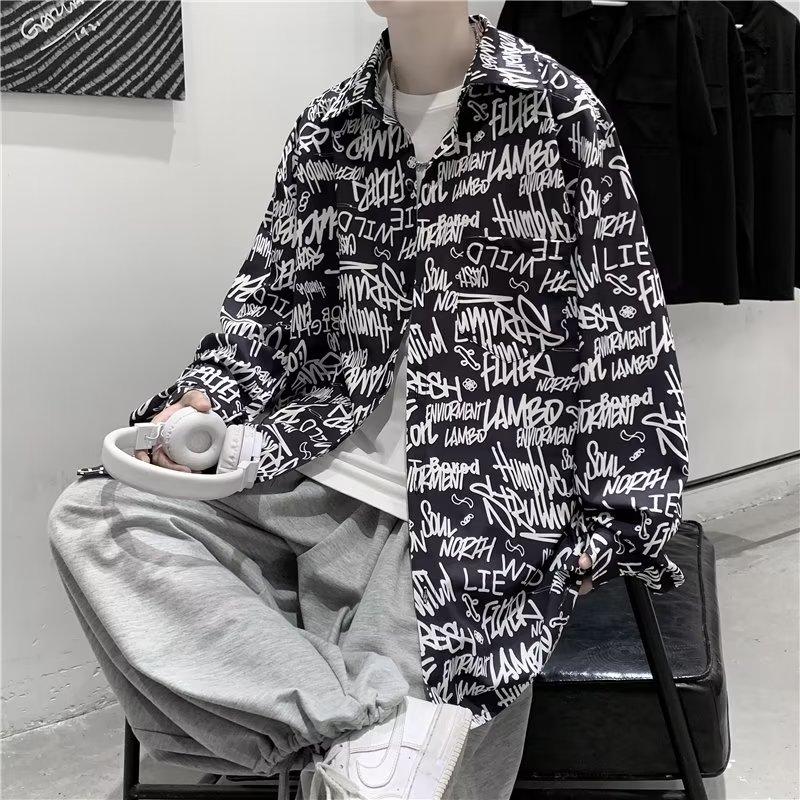 

2024 Весна и осень Цветочная рубашка мужская с длинным рукавом Корейская версия Повседневная роскошная рубашка Молодежная Rascal Красивый Ins Trendy L чёрный