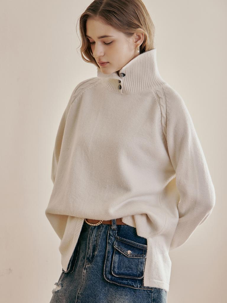 MAXZA Button-Up Collar Loose Fit Turtleneck Knit