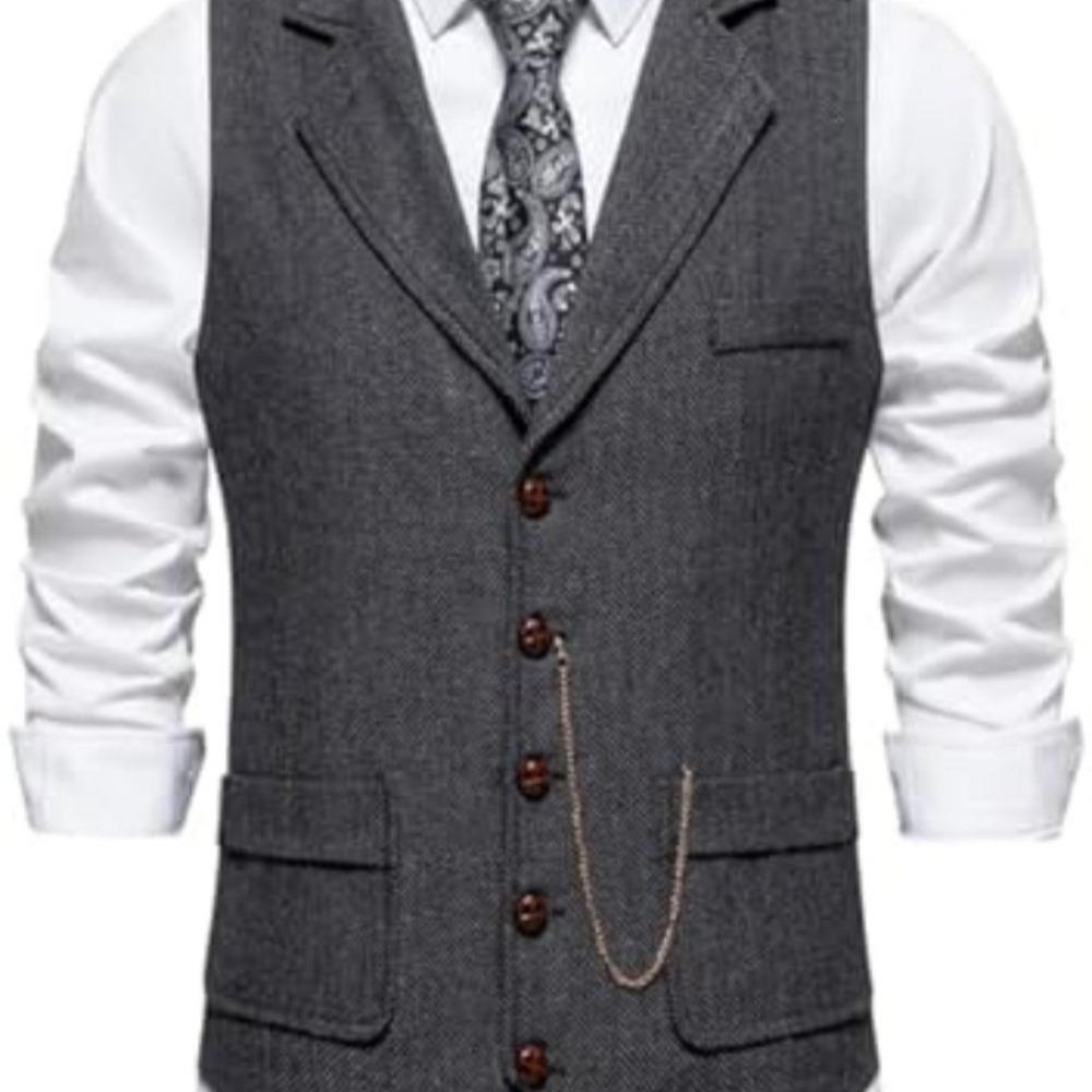 Herren Vintage Slim Fit Anzugweste Formell Abschlussball Party Fischgrätenmuster Weste mit Ketten detail, Taschen (einschließlich Kette) XXL dunkelgraue