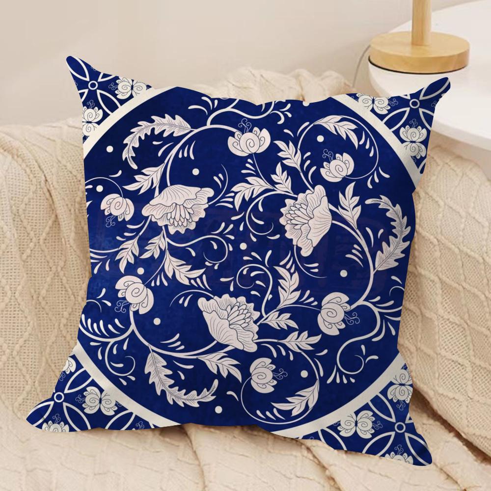 Ethnic Style Blue Floral Cushion Cover Silky Short Plush Sofa Pillow Cover Hidden Zipper Soft Dustproof Case for Home Decor
