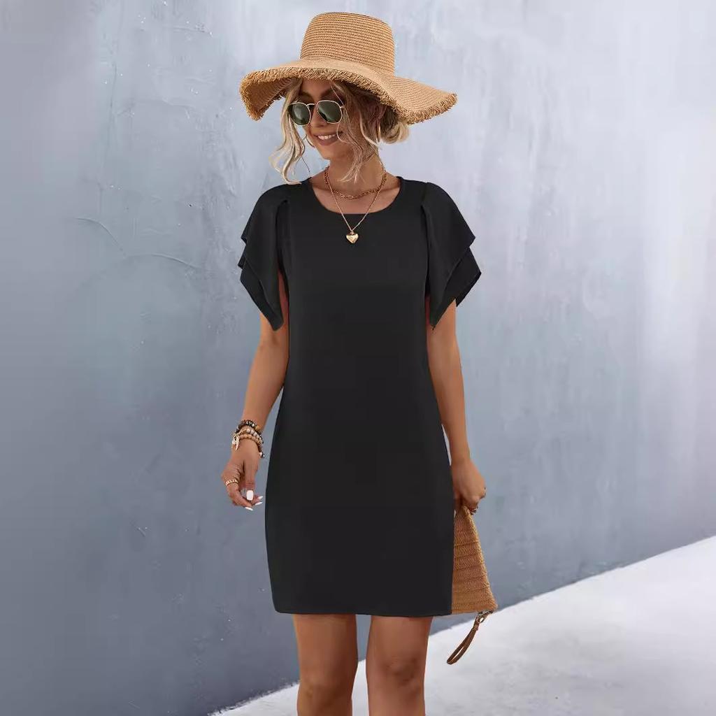 Spring Summer Women's Double-layer Lotus Sleeve O-Neck Short Sleeve Pocket Dress