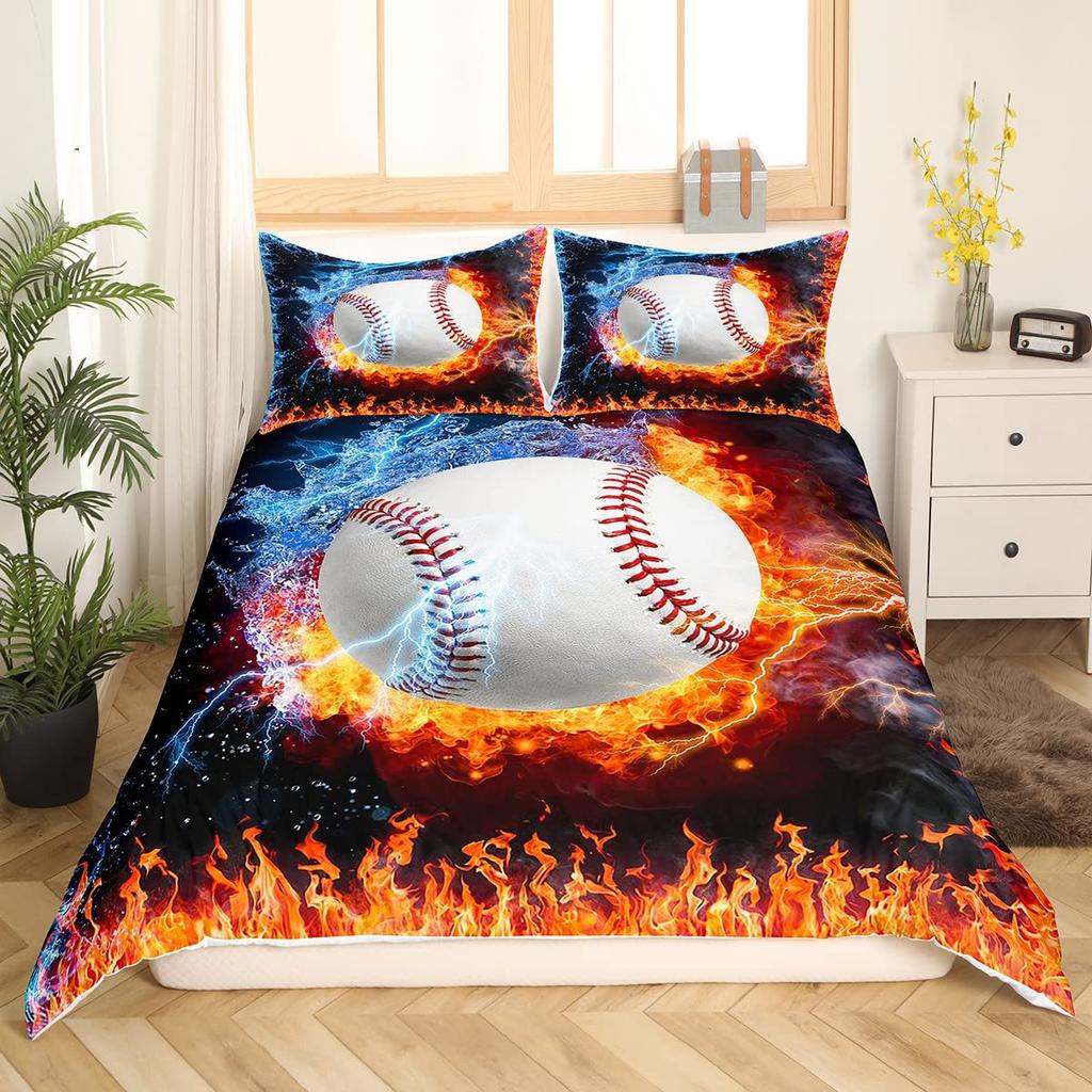 3D Sports Baseball Duvet Cover Set Teen Boys Men Decor Bedding Sets with Pillowcases Sport Baseball Themed Comforter Cover Set