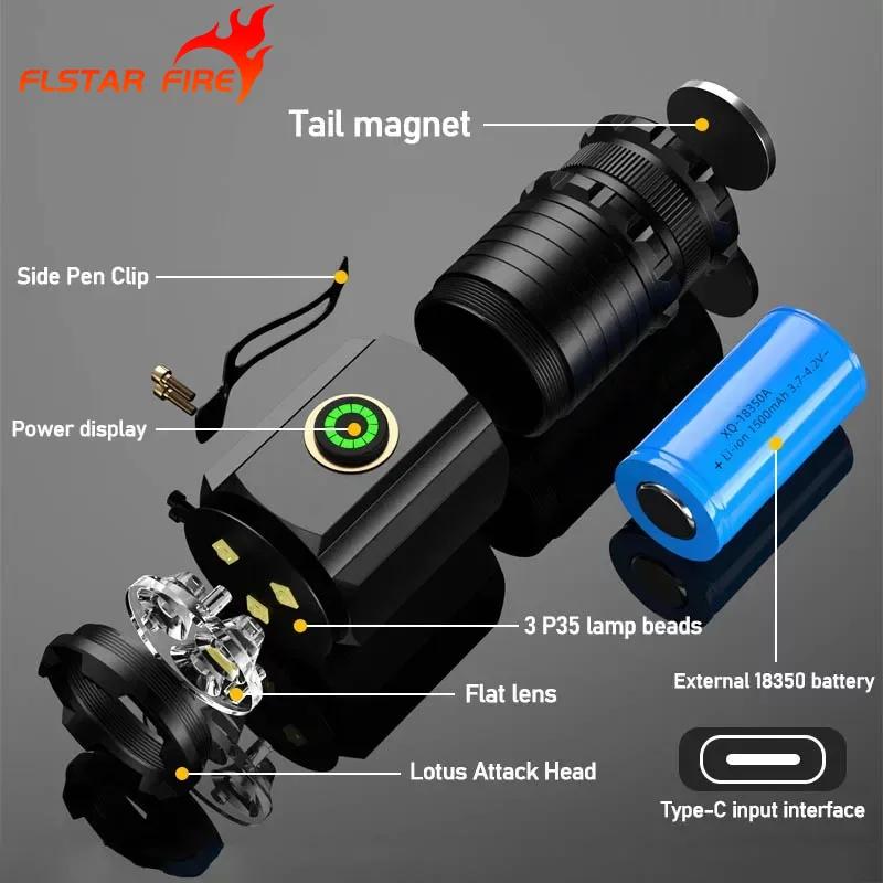 Linterna LED 3 * P35 18350 Mini linterna magnética recargable USB luz IP68 impermeable para senderismo Camping iluminación de Material de aleación