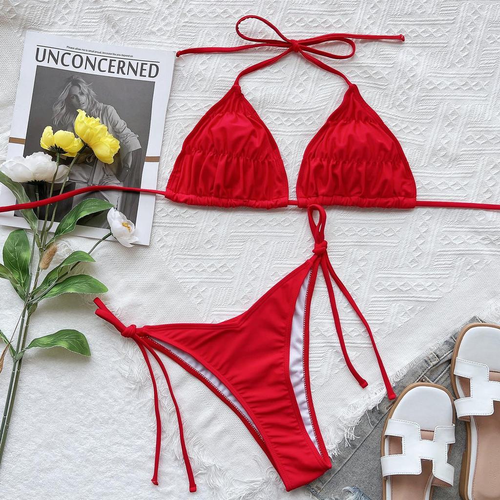 Women's Swimsuit Solid Color Sexy Halter Triangle Back Tie Bikini Set 5 Colour