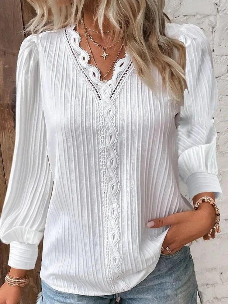 

Elegant Womens Loose Fitting White Shirt Long Sleeved V Neck Lace Patchwork Blouse 2026 Fashion Office Casual Tops S белый
