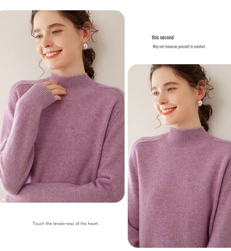 Women's Cashmere Winter Sweater - Half High Neck, Thick Knit, Saddle Shoulder, Loose Fit Pullover.