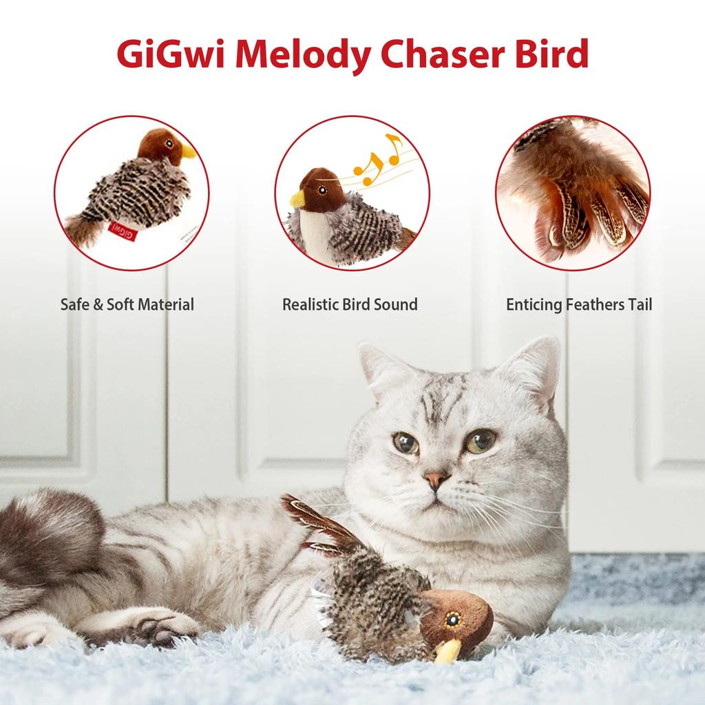 GiGwi Sound Vogelspielzeug Katze Federspielzeug Katze Federspielzeug Interaktives Katzenspielzeug mit Geräuschen Geräuschspielzeug Brauner Vogel, Igel, Maus
