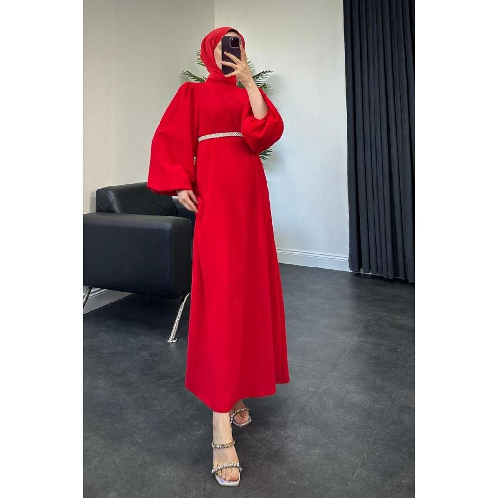 Jessica Balloon Sleeve Evening Dress Red