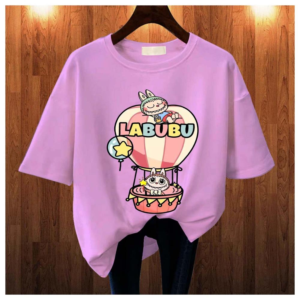 

Популярная детская одежда 2025 года, футболка с коротким рукавом и принтом LABUBU на воздушном шаре, с круглым вырезом, мультяшный стиль, топ для девочки 100